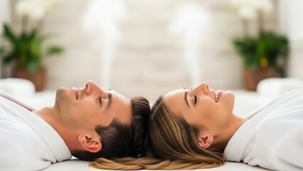 Couple relaxing heads together spa treatment