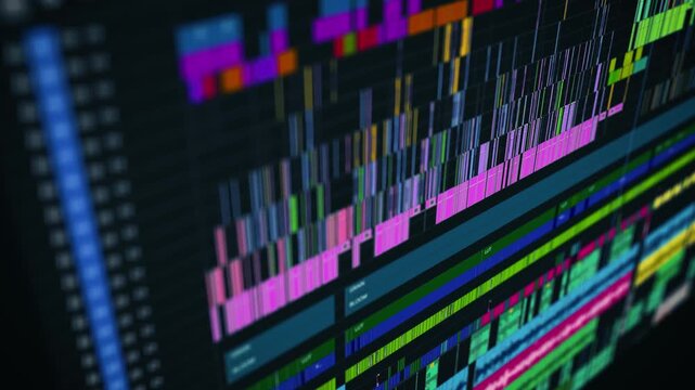 Close-up of a colorful cinematic video editing timeline interface in professional post-production software, showcasing audio and video layers in a complex sequence.