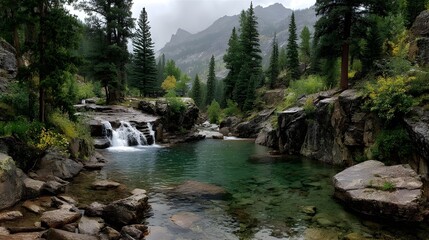 Emerald lake with small waterfall and lush forest offering refreshing tranquil wilderness escape scene
