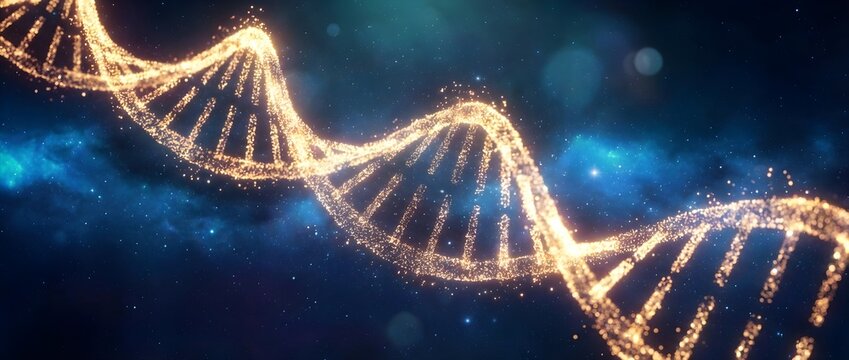 Abstract glowing DNA double helix structure on a dark blue background with sparkling particles representing genetic research and biotechnology. - Powered by Adobe