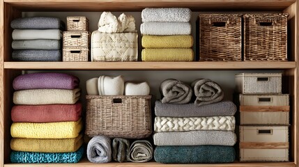 Tidy closet with neatly folded towels and blankets showcasing organized cozy interior home arrangement