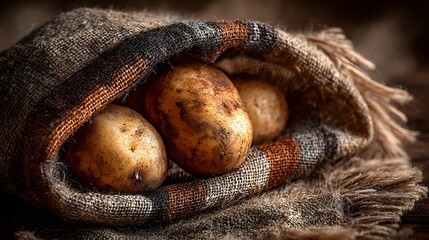 Whole potatoes in rustic burlap sack displaying earthy tones and rich agricultural freshness in high detail