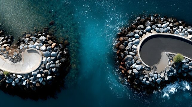 Aerial view of curved harbor jetty revealing striking coastal structure guiding waves with engineered precision