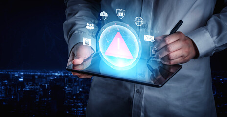 Red warning triangle representing a cybersecurity threat or data breach alert, surrounded by digital security and network protection icons, symbolizing cyber risk awareness Parse