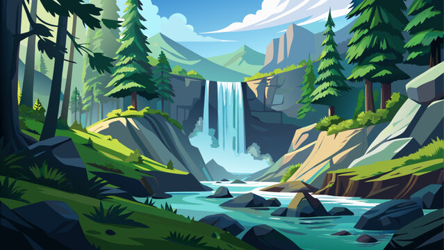 Low-angle view of a cascading Oregon waterfall flowing over moss-covered rocks, surrounded by lush forest greenery, capturing dynamic motion, misty freshness, and serene Pacific Northwest wilderness
