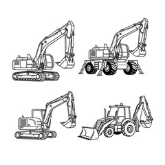Set of various construction vehicles including excavators and backhoe loader line art.