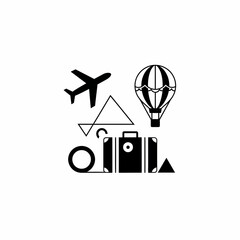 Travel icons with airplane hot air balloon and suitcase.