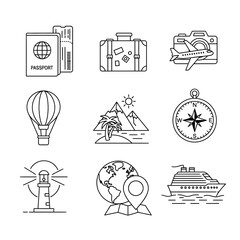 Travel and Tourism Line Icons Set for Vacation and Adventure.
