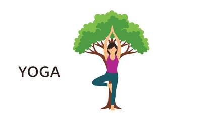 Woman practicing yoga tree pose with a stylized tree in a flat illustration.
