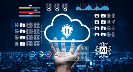 A visual representation of cloud security showcasing a hand reaching for cloud files with data protection symbols in a futuristic cityscape at night. Gantry