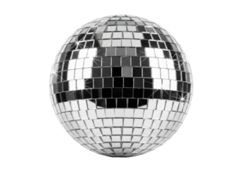 Geometrically perfect, highly reflective spherical disco ball covered in thousands of silver mirror tiles, sharply focused against a transparent studio background. Concept for festive advertising