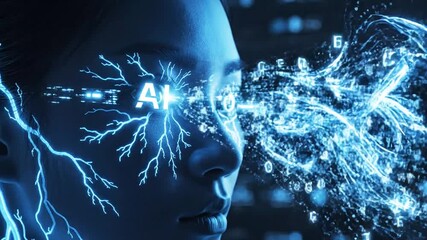 Close-up of a woman's eye with the word AI glowing and digital lightning emanating outwards artificial intelligence. - Powered by Adobe
