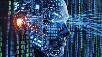 Cyborg Face With Glowing Blue Circuits And Data Streams From Eye artificial intelligence technology. - Powered by Adobe
