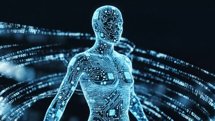 Digital human form composed of circuits and binary code with data streams artificial intelligence body. - Powered by Adobe
