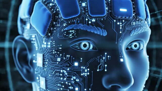 Close-up profile of AI human head with glowing circuit board and square microchip implants artificial intelligence.