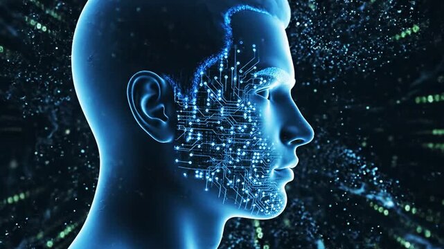 Digital human head profile with binary code and glowing circuit patterns artificial intelligence technology.
