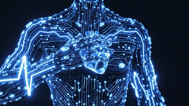 Digital human torso with glowing heart and circuit board design in dark space artificial intelligence.