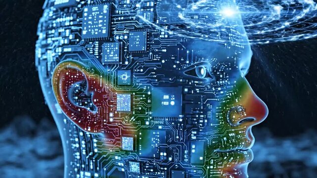 Futuristic human head profile with glowing circuit board patterns and thermal imaging artificial intelligence.