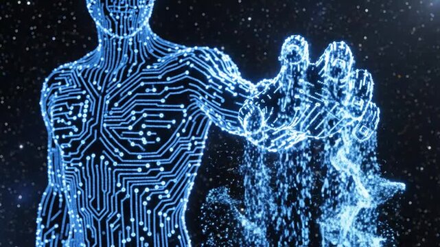 Futuristic Humanoid Form Composed of Blue Circuitry Reaching Out in Starry Expanse artificial intelligence.
