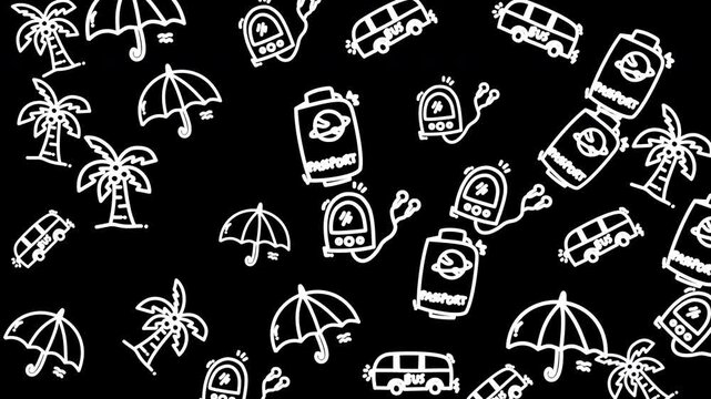 Hand-drawn travel icons on a black background, perfect for vacation and journey themes.