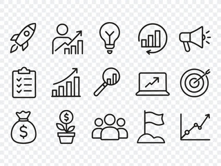 Minimalist Business and Marketing Line Icons: Strategy, Finance, Growth, SEO, Teamwork, and Communication Symbols Vector Set