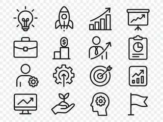 Minimalist Business and Marketing Line Icons: Strategy, Finance, Growth, SEO, Teamwork, and Communication Symbols Vector Set