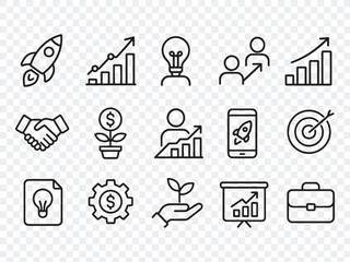 Minimalist Business and Marketing Line Icons: Strategy, Finance, Growth, SEO, Teamwork, and Communication Symbols Vector Set