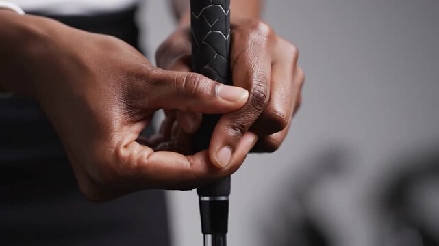 Close-up of hands gripping a black golf club handle
