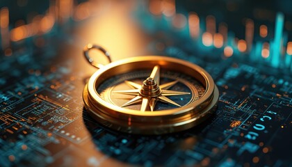 Golden compass sits on glowing digital circuit board background. Tool for navigation suggests financial planning investment strategy and business success.