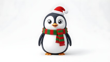 Cute 3D Render of Fluffy Penguin Character Wearing Santa Hat and Red and Green Striped Scarf