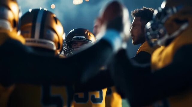 Focused American Football Team Huddle, Quarterback Holds Ball, Strategizing on Stadium Field.