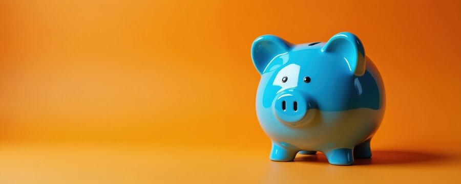 A bright blue piggy bank sits on an orange background. It is a cute object symbolizing saving money. Ideal for finance and childrens education concepts. - Powered by Adobe