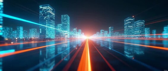 Futuristic cityscape with neon lights blurring by as the camera tracks along a reflective road, creating a dynamic, cinematic effect with ambient light flicker and sleek urban motion. - Powered by Adobe