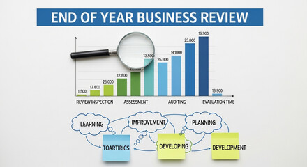 End of year business review with magnifying glass on financial charts in blue and green colors with graph and statistics for business analysis