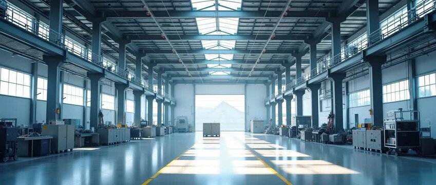 Industrial warehouse sunlight streaming through windows, creating dynamic shadows as camera slowly pans across spacious interior; cinematic, modern factory ambiance.