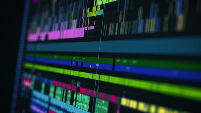 Close-up of a colorful cinematic video editing timeline interface in professional post-production software, showcasing audio and video layers in a complex sequence.