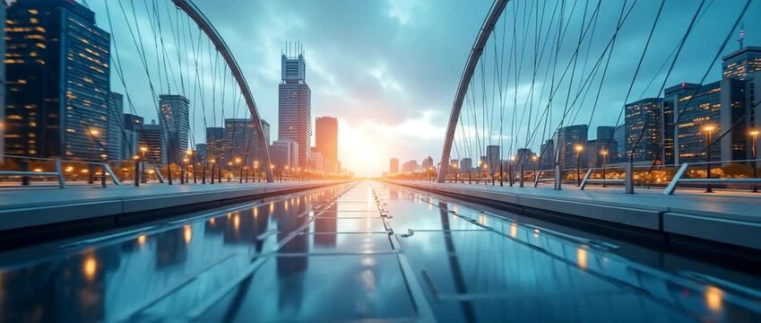 A cinematic sunrise illuminates a sleek urban bridge as the camera steadily tracks forward, with city lights flickering to life and reflections dancing on wet pavement, creating a dynamic cityscape vi