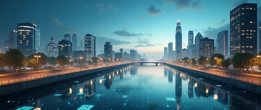 Tranquil evening cityscape with gentle water reflections as cars glide by on a serene riverside road; slow cinematic pan captures urban skyline's ambient glow and dynamic architecture.