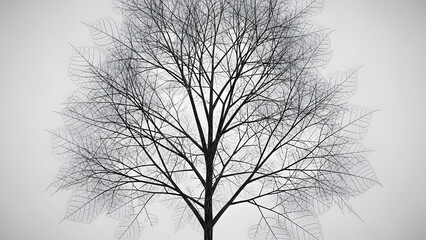 Obraz premium A monochrome botanical image featuring a dramatic tree with delicate leaf vein patterns overlayed. The image has a stark contrast and intricate details making it a captivating scene.
