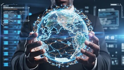 Businessman presenting a glowing digital globe with network connections - Powered by Adobe