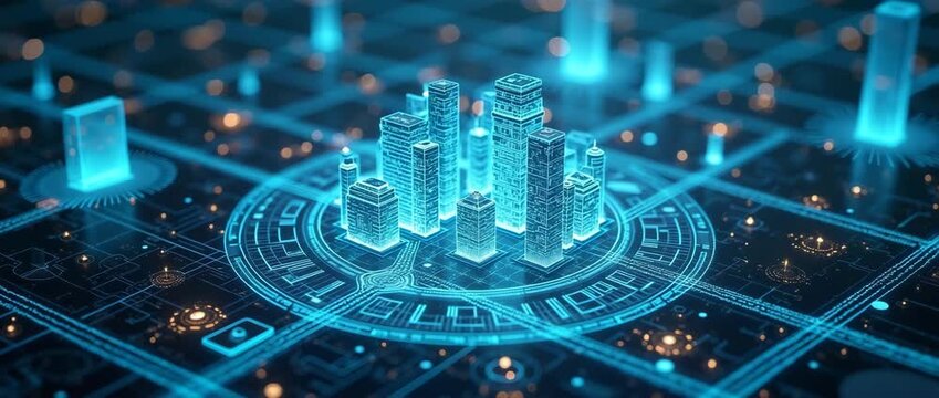 Futuristic digital cityscape emerges with glowing skyscrapers, as the camera slowly pans over a holographic grid in a cinematic style, evoking smart city innovation and advanced technology themes.