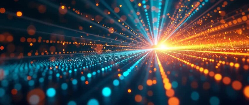 Dynamic light particles radiate in a futuristic digital landscape, creating a vibrant and mesmerizing visual effect, as the camera slowly pans, showcasing a captivating cinematic scene.