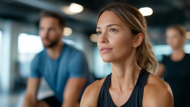 A determined woman in athletic clothing participates in a group exercise class at a contemporary fitness center. The image highlights motivation, wellness, and positive energy in a gym environment