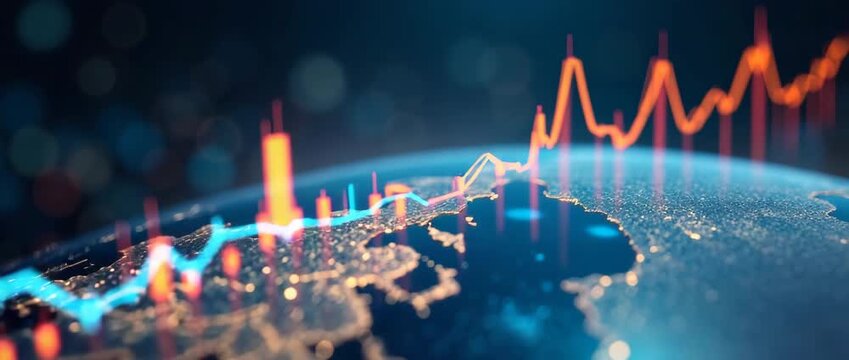 Cinematic visualization of global financial markets with dynamic graphs rising over a glowing world map, camera slowly panning while ambient lights flicker, illustrating economic trends.