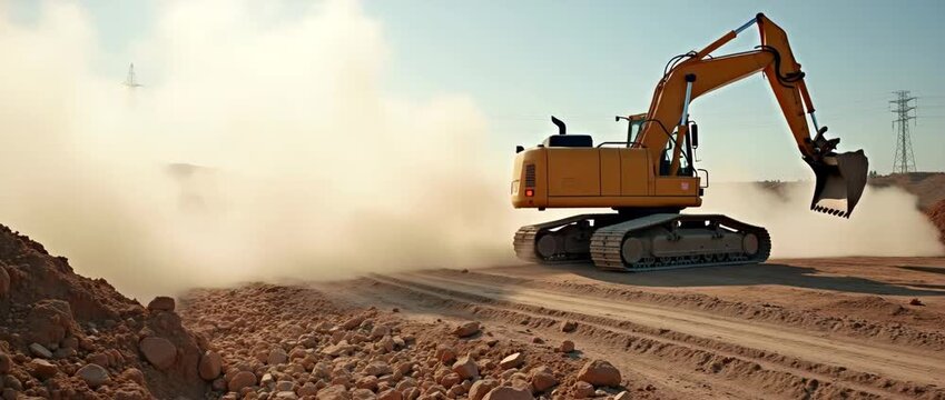 Excavator digs through dusty construction site, raising clouds of dirt; camera slowly pans to capture expansive landscape, cinematic style, highlighting industrial progress and earth-moving efficiency