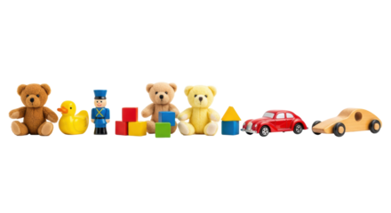 Horizontal row of nine diverse children's toys: plush teddy bears, wooden figures, and vintage die-cast cars. transparent studio background, high-key lighting. Concept of childhood nostalgia and