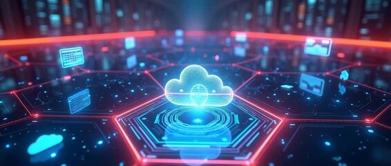 Futuristic data center with glowing cloud icon pulsates gently, surrounded by dynamic digital interfaces; camera slowly pans over a high-tech network in a cinematic style. - Powered by Adobe