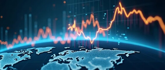 Global financial market trends animate over a digital world map, with a smooth camera pan and dynamic graph movement, in a cinematic style showcasing economic growth and data analytics. - Powered by Adobe