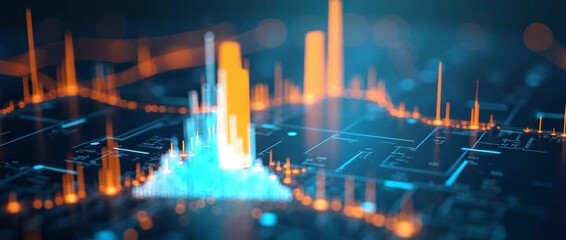 Futuristic data visualization pulses with vibrant digital energy as the camera slowly pans across a high-tech landscape, capturing the dynamic flow of analytics in a cinematic style.