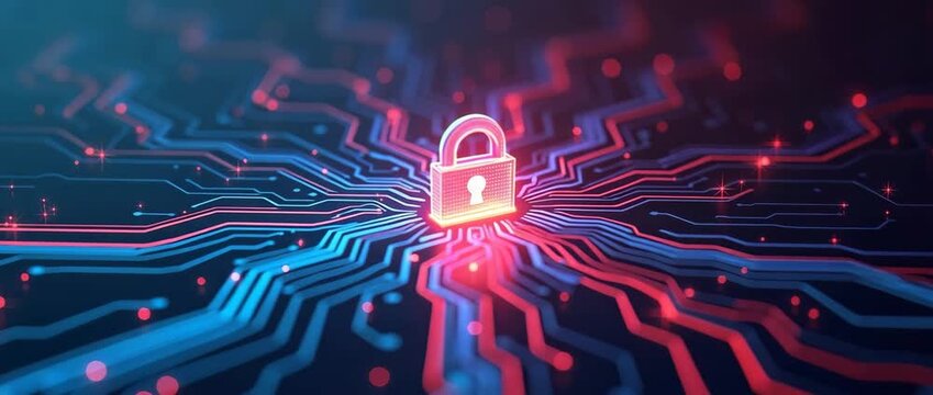 Glowing lock icon pulses at the center of dynamic circuit board, while camera pans slowly, highlighting cybersecurity importance in a digital network, rendered in a futuristic style.